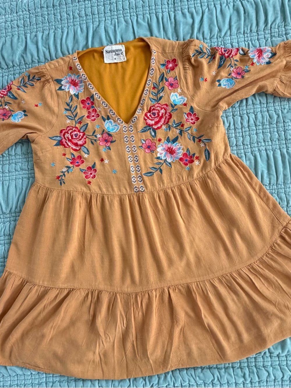 Savanna Jane Mustard Tiered Dress with Multicolor Floral Embroidery-Med - Picture 7 of 10